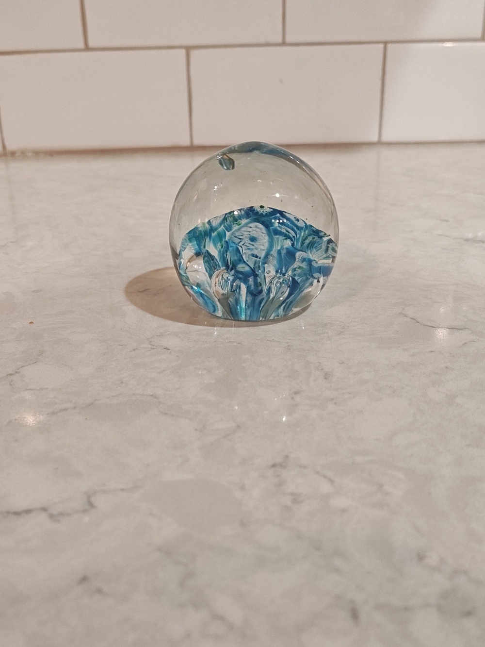Hand Blown Glass Paperweight Ocean Sea Bubbles Swirl Art Sculpture